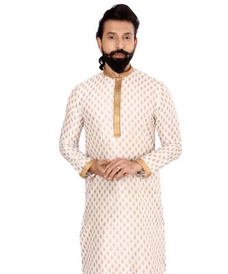 Men Off White Dupion Silk Khari Printed Kurta Churidar Set 6