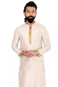 Men Off White Dupion Silk Khari Printed Kurta Churidar Set