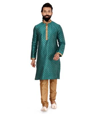 Men Teal Blue Dupion Silk Khari Printed Kurta Churidar Set 2