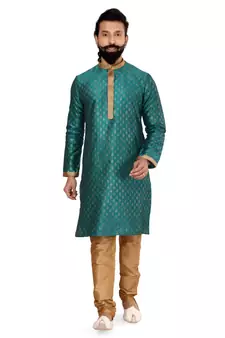 Men Teal Blue Dupion Silk Khari Printed Kurta Churidar Set