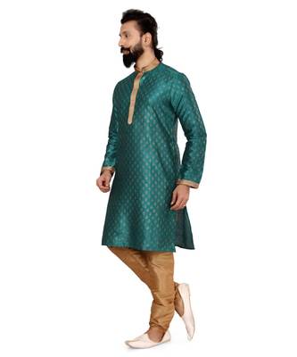 Men Teal Blue Dupion Silk Khari Printed Kurta Churidar Set 3