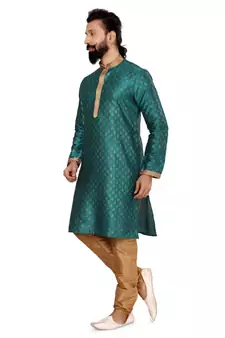 Men Teal Blue Dupion Silk Khari Printed Kurta Churidar Set