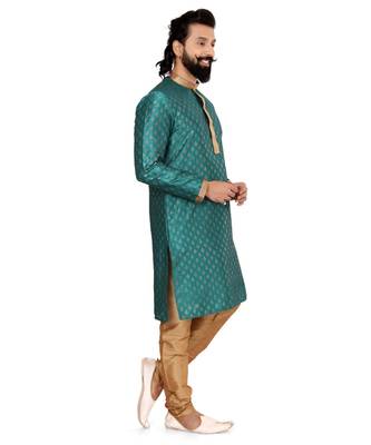 Men Teal Blue Dupion Silk Khari Printed Kurta Churidar Set 4