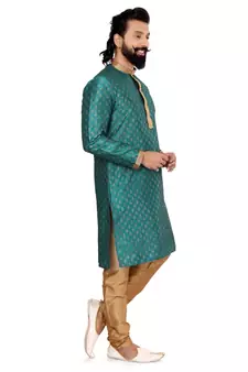 Men Teal Blue Dupion Silk Khari Printed Kurta Churidar Set