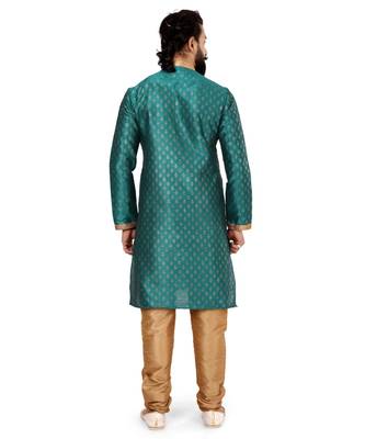 Men Teal Blue Dupion Silk Khari Printed Kurta Churidar Set 5