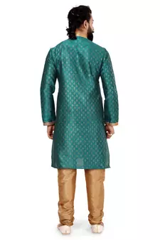Men Teal Blue Dupion Silk Khari Printed Kurta Churidar Set