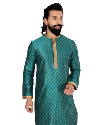 Men Teal Blue Dupion Silk Khari Printed Kurta Churidar Set 6
