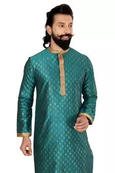 Men Teal Blue Dupion Silk Khari Printed Kurta Churidar Set