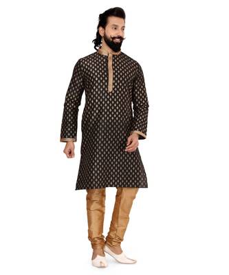 Men Black Dupion Silk Khari Printed Kurta Churidar Set 2