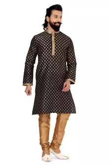 Men Black Dupion Silk Khari Printed Kurta Churidar Set