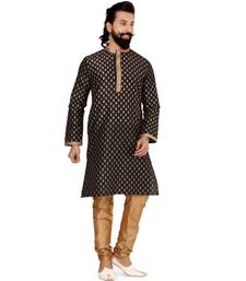 Men Black Dupion Silk Khari Printed Kurta Churidar Set