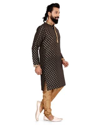 Men Black Dupion Silk Khari Printed Kurta Churidar Set 3