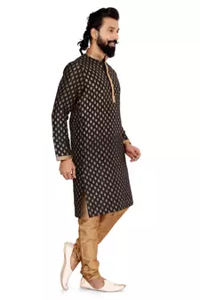 Men Black Dupion Silk Khari Printed Kurta Churidar Set