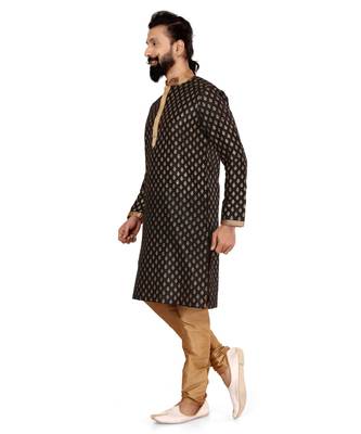 Men Black Dupion Silk Khari Printed Kurta Churidar Set 4