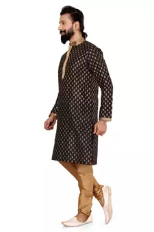Men Black Dupion Silk Khari Printed Kurta Churidar Set