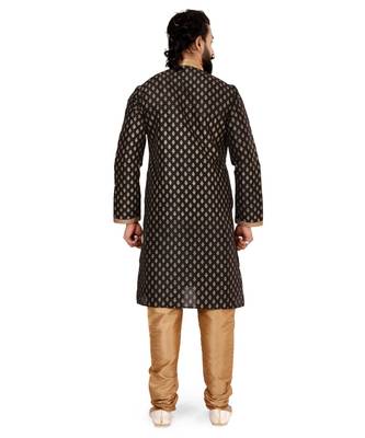 Men Black Dupion Silk Khari Printed Kurta Churidar Set 5