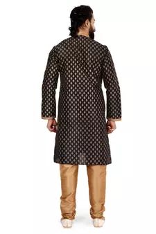 Men Black Dupion Silk Khari Printed Kurta Churidar Set