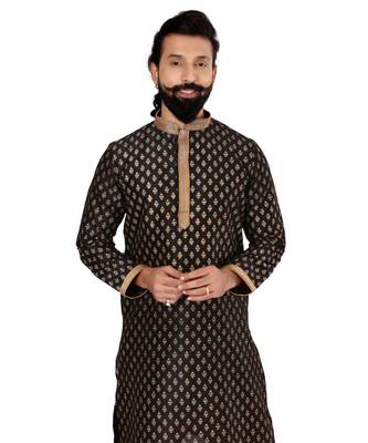 Men Black Dupion Silk Khari Printed Kurta Churidar Set 6