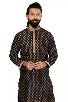 Men Black Dupion Silk Khari Printed Kurta Churidar Set