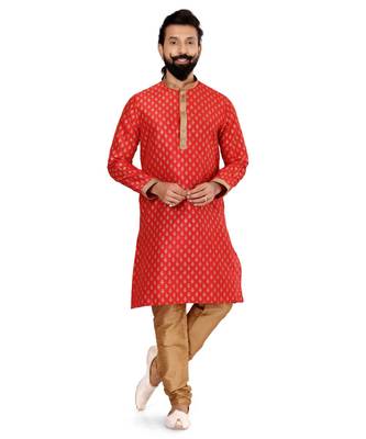 Men Red Dupion Silk Khari Printed Kurta Churidar Set 2