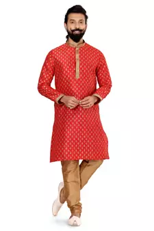 Men Red Dupion Silk Khari Printed Kurta Churidar Set