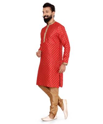 Men Red Dupion Silk Khari Printed Kurta Churidar Set 3