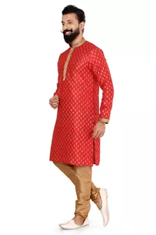 Men Red Dupion Silk Khari Printed Kurta Churidar Set
