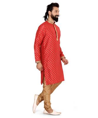 Men Red Dupion Silk Khari Printed Kurta Churidar Set 4