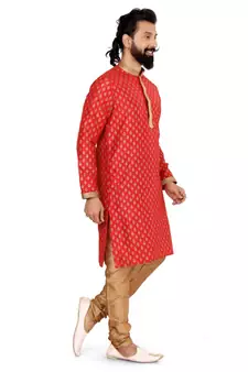Men Red Dupion Silk Khari Printed Kurta Churidar Set