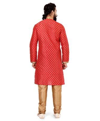 Men Red Dupion Silk Khari Printed Kurta Churidar Set 5