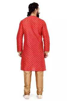 Men Red Dupion Silk Khari Printed Kurta Churidar Set