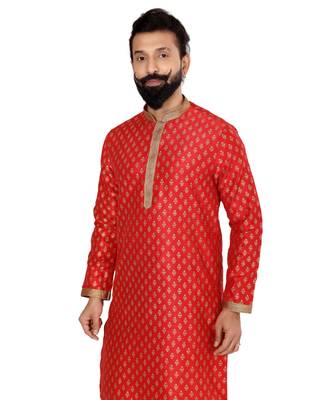 Men Red Dupion Silk Khari Printed Kurta Churidar Set 6