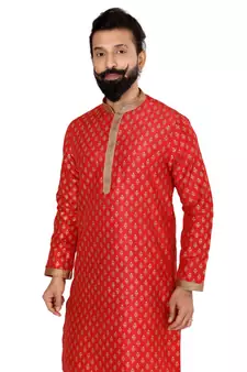 Men Red Dupion Silk Khari Printed Kurta Churidar Set