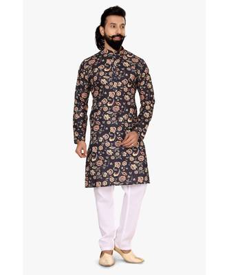 Men Black Cotton Digital Printed Kurta Churidar Set 2