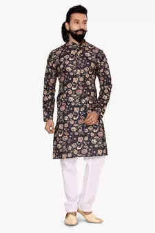 Men Black Cotton Digital Printed Kurta Churidar Set