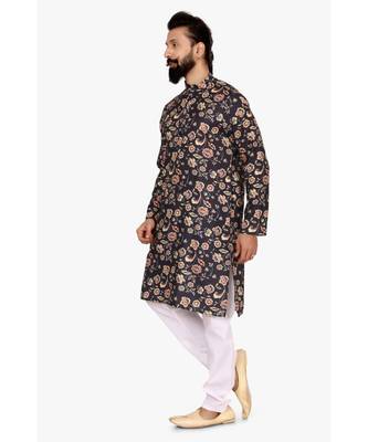 Men Black Cotton Digital Printed Kurta Churidar Set 3