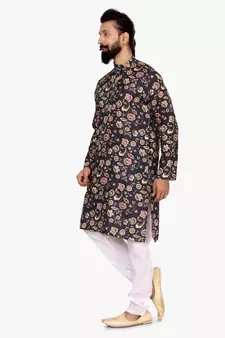 Men Black Cotton Digital Printed Kurta Churidar Set