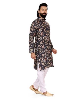 Men Black Cotton Digital Printed Kurta Churidar Set 4