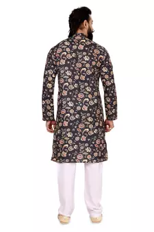 Men Black Cotton Digital Printed Kurta Churidar Set