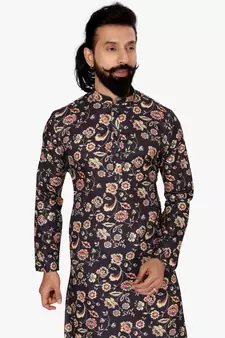 Men Black Cotton Digital Printed Kurta Churidar Set