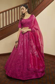 Deep Pink thread with sequins embroidered art silk semi stitched Bridal lehenga