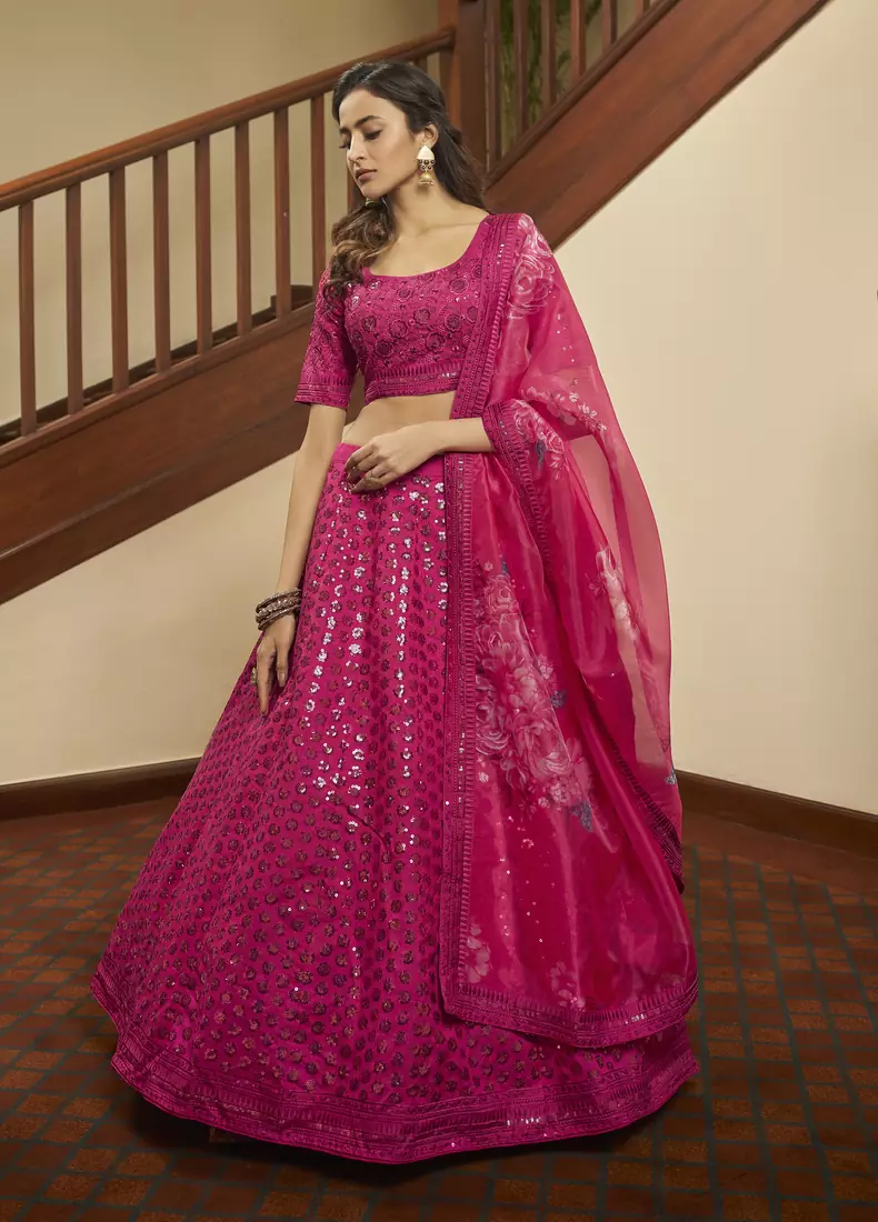 Deep Pink thread with sequins embroidered art silk semi stitched Bridal lehenga