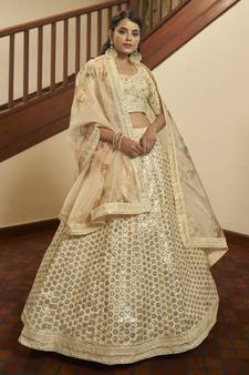 Beige thread with sequins embroidered art silk semi stitched wedding lehenga for bridal
