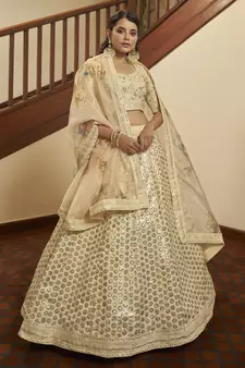 Beige thread with sequins embroidered art silk semi stitched wedding lehenga for bridal