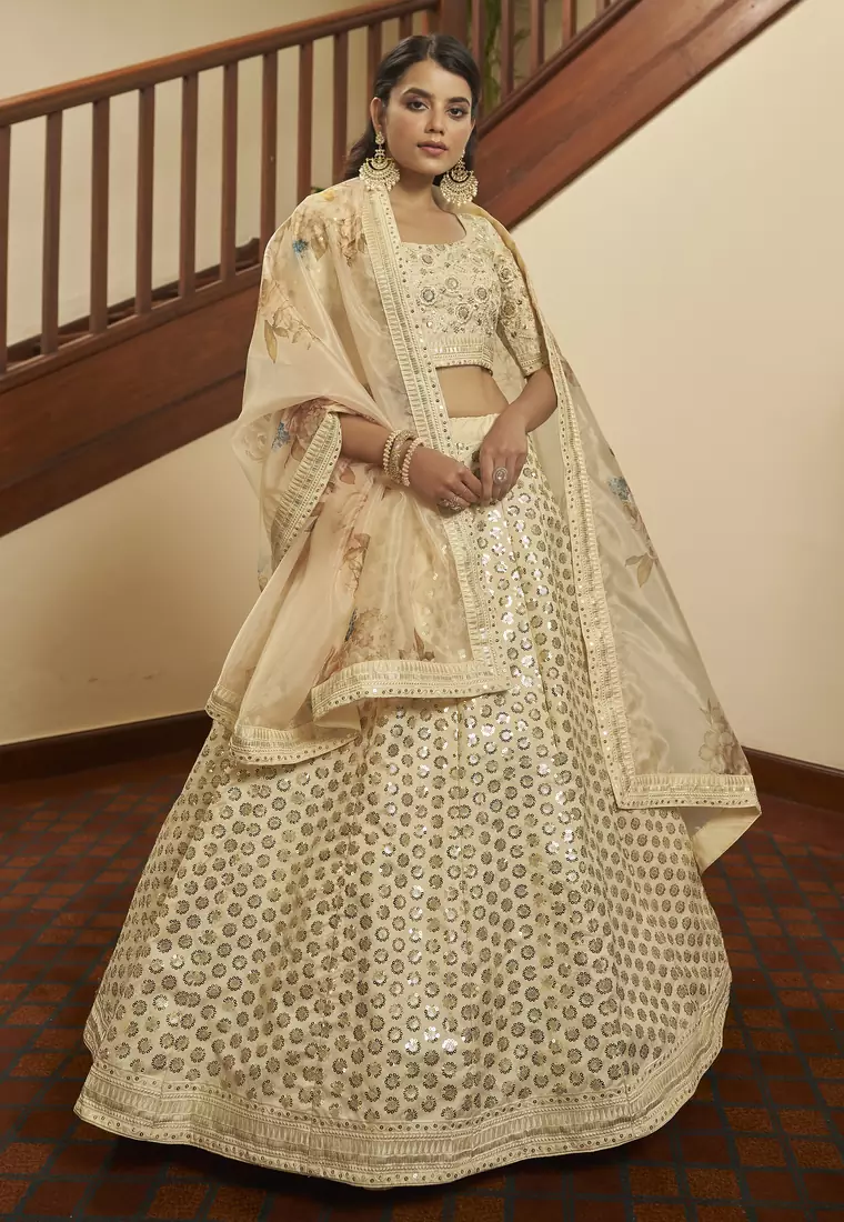 Beige thread with sequins embroidered art silk semi stitched wedding lehenga for bridal