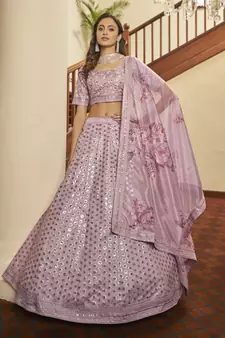 Careys Dusty pink thread with sequins embroidery art silk semi stitched wedding & Party lehenga