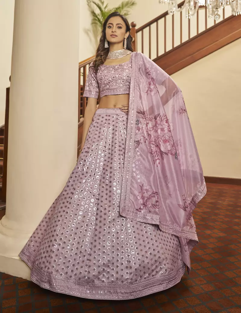 Careys Dusty pink thread with sequins embroidery art silk semi stitched wedding & Party lehenga
