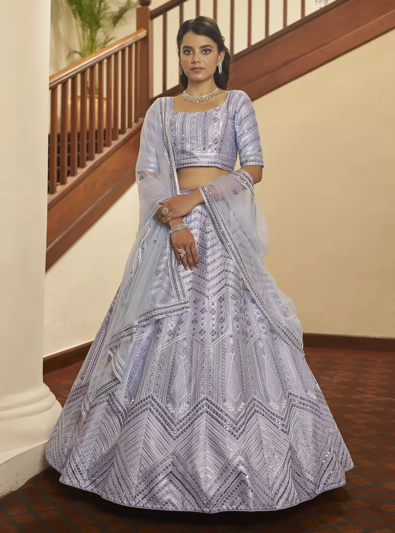Lavender thread with sequins embroidered silk semi stitched bridal lehenga