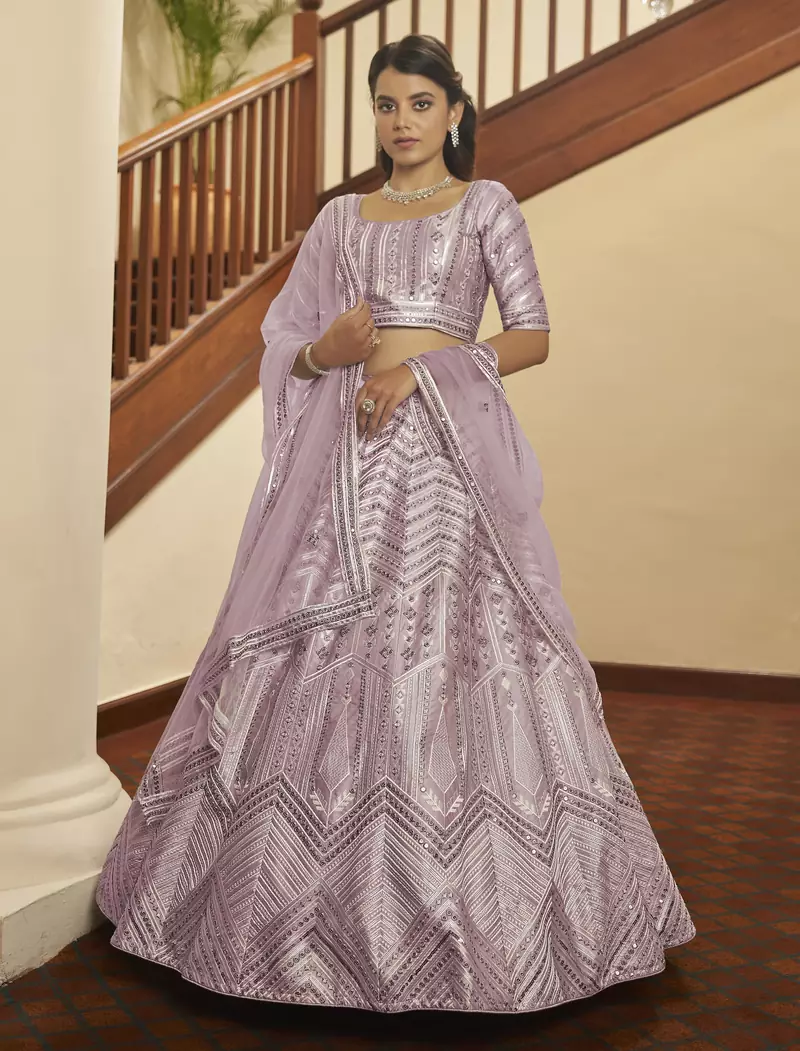 Careys Dusty pink thread with sequins embroidered silk semi stitched wedding lehenga
