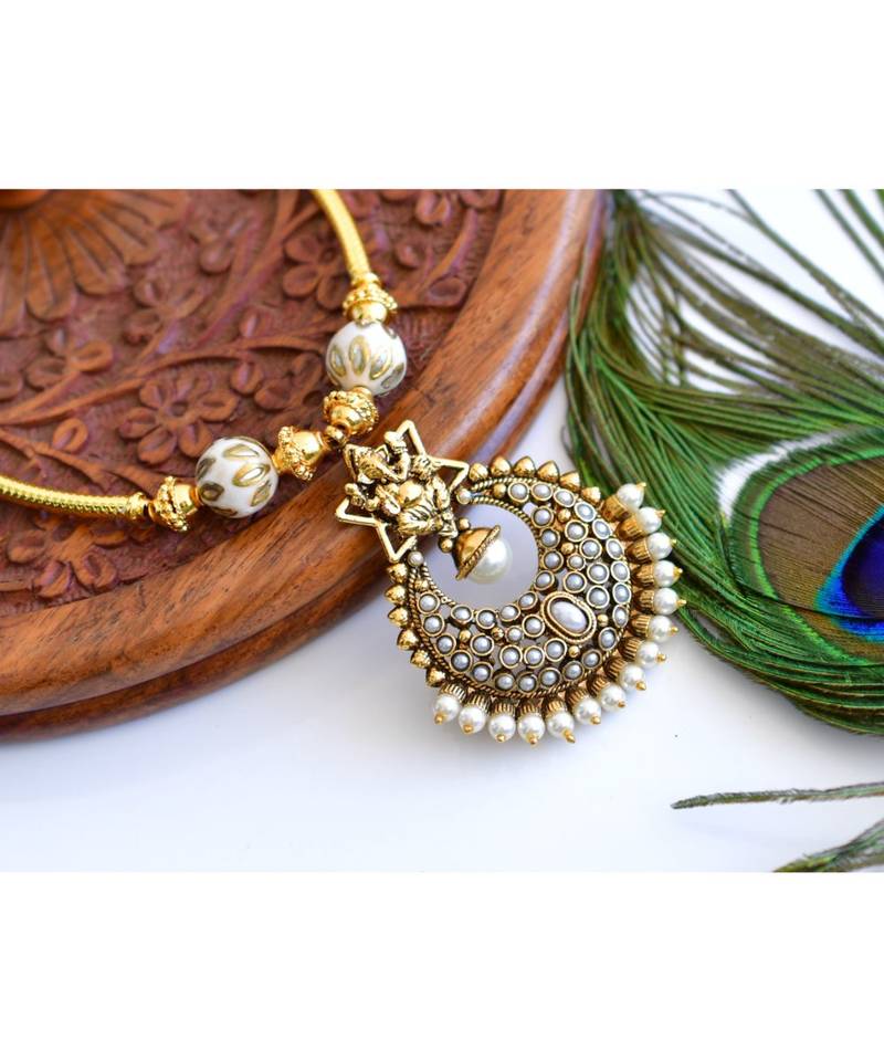 Antique gold t1  handmade Pearl Ganesha Necklace   04370